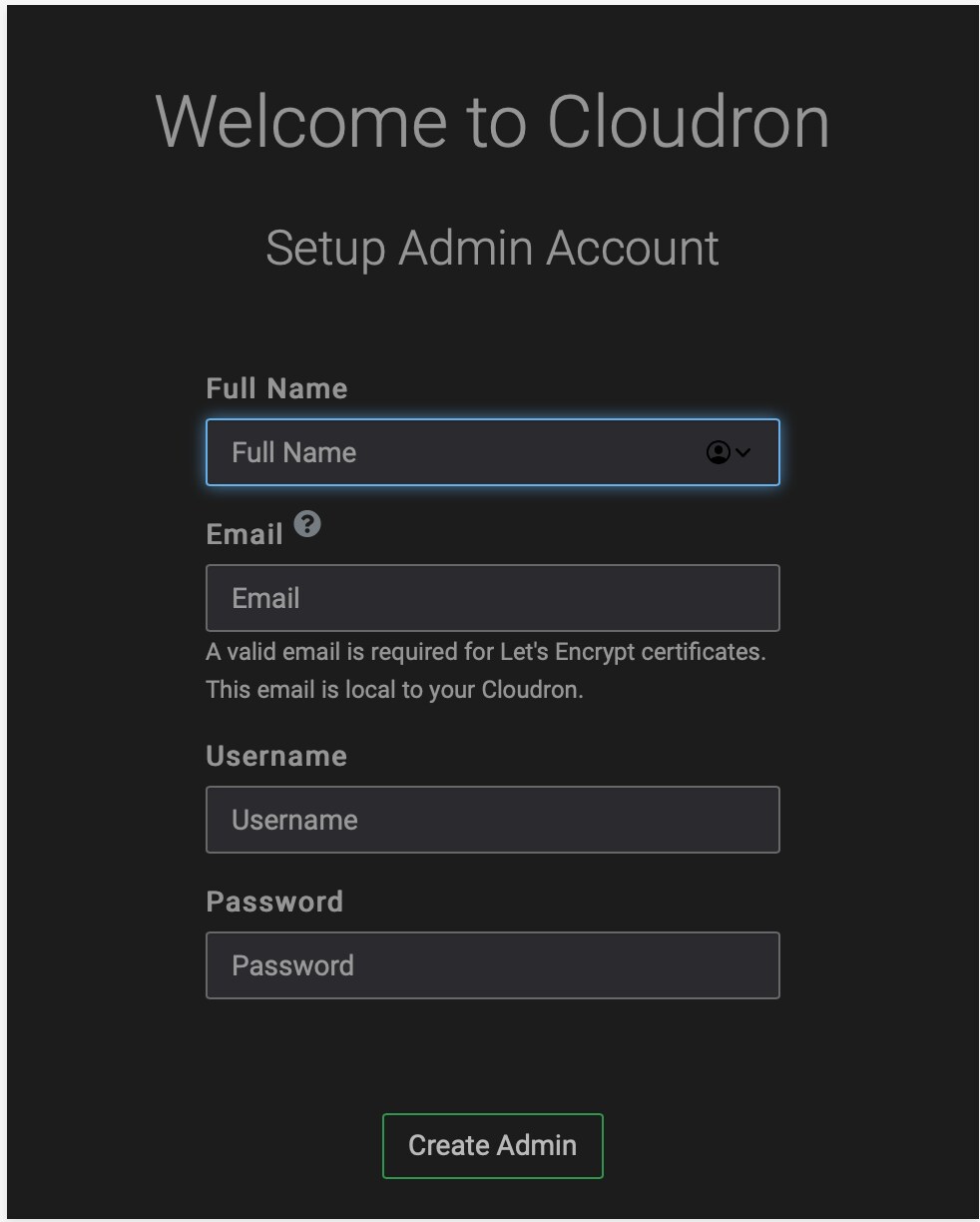 Cloudron Setup Admin Screen