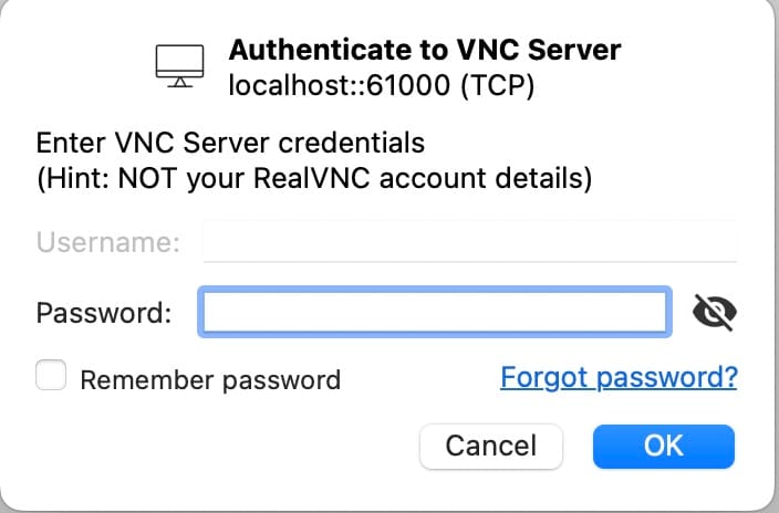 Screenshot of RealVNC password prompt
