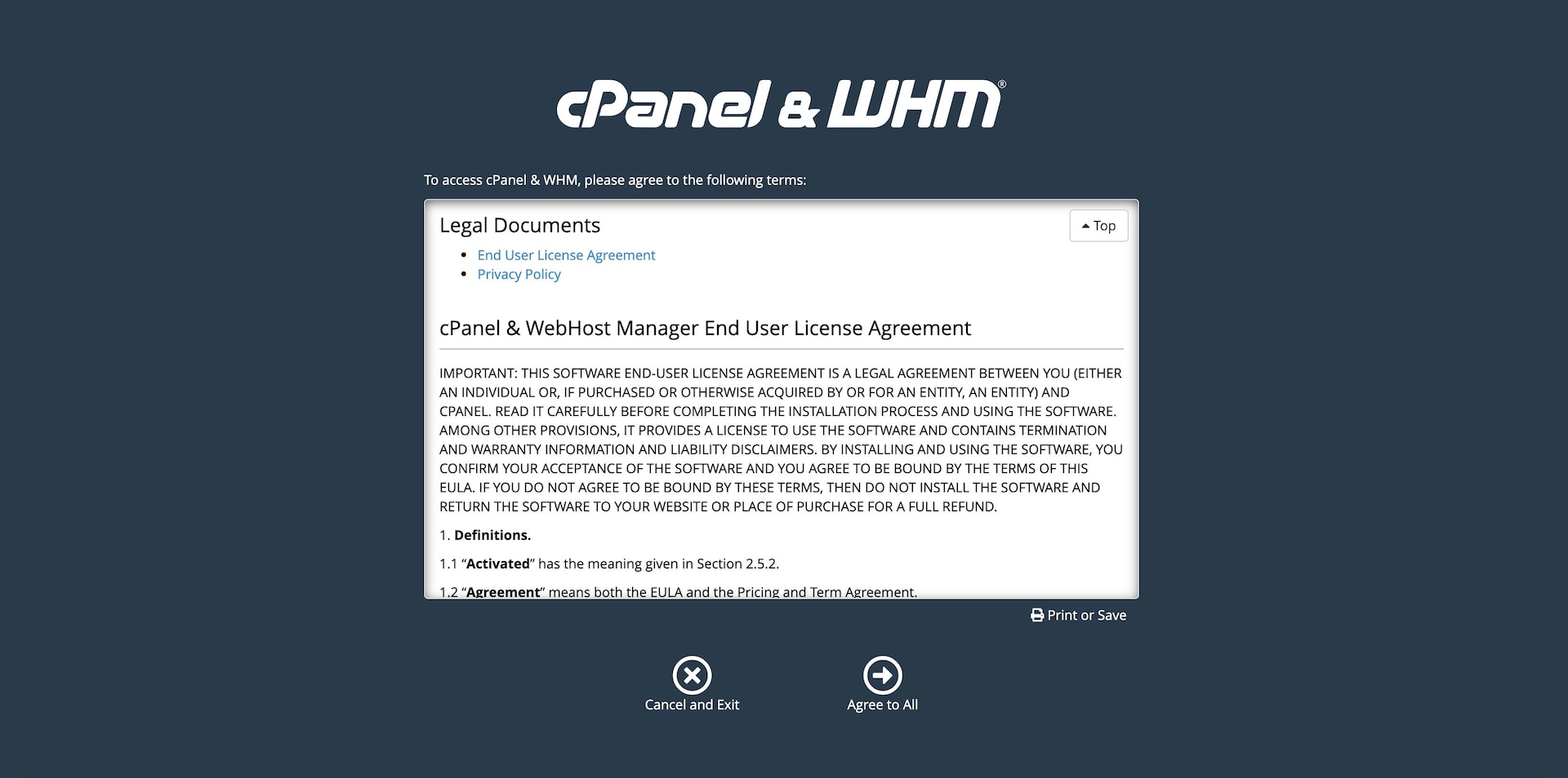 Agree to cPanel and WHM’s terms