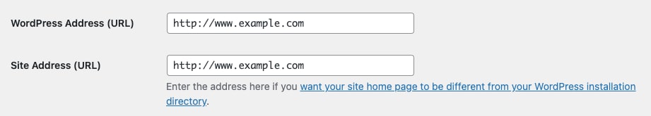 Screenshot of the WordPress/Site Address URL fields