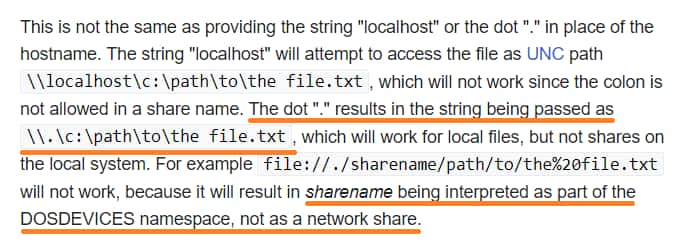 It turns out that when the absolute URI begins with “file://./” (with the host being “.”), the code interprets the sharename as part of the DOS devices namespace (Figure 3). 