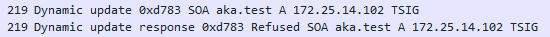 An interesting behavior is observed: The DHCP server actually does send a DNS update with our supplied FQDN, but the update is then refused by the server (Figure 13).