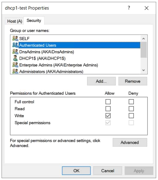 This can happen for several reasons; for example, if the server name is changed. After the DNS record is recreated, we inspect its new ACL (Figure 32).