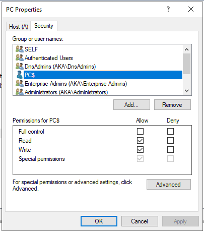 In Figure 5, we can see the ACL for the DNS record of the host “PC.aka.test”. This record was created by the computer account, so it has permissions to modify it.