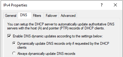 Note that even when the DHCP DNS Dynamic Updates feature is enabled, the default configuration requires that the client explicitly specifies that a DNS record should be created on their behalf (Figure 7).