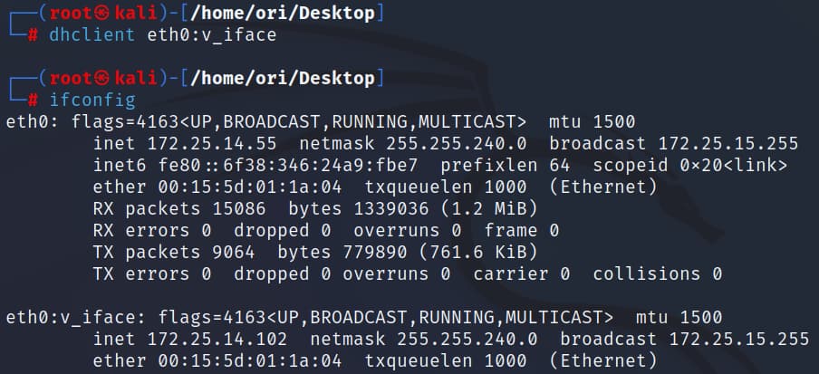 After running this command, we can see that our original IP address (172.25.14.55) remains unchanged, while our virtual interface received a new IP address from the DHCP server (Figure 1).