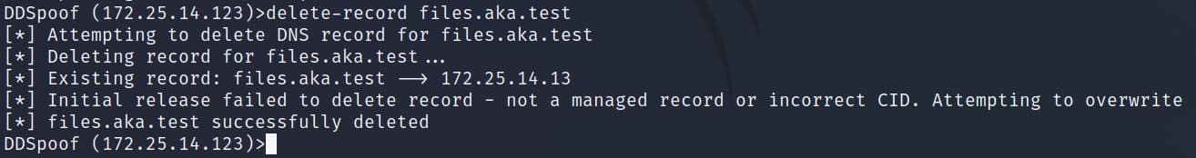 When we are done with our attack, we can use the delete-record command to remove our spoofed record (Figure 17).