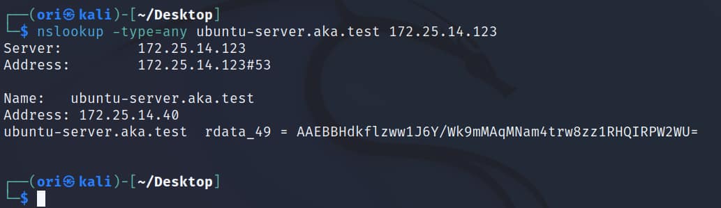 If we query all the DNS records for our target ubuntu-server.aka.test, we see that a DHCID record is indeed present (Figure 24).