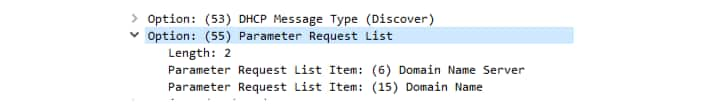 When we run dhclient (as before, on a virtual interface) and inspect our Discover message, we see that it includes the Parameter Request List option with the fields we requested (Figure 3).