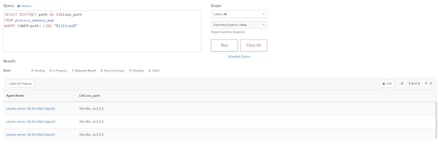 To know which version of XZ Utils or liblzma you currently have on your systems, you can run the following query in Akamai Guardicore Segmentation Insight that will look for loaded instances of the liblzma library (Figure 2).