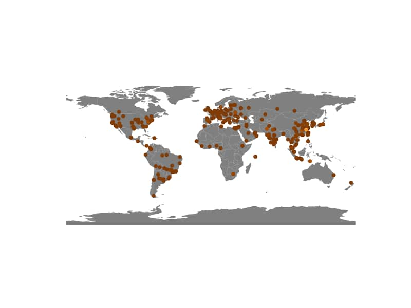 A geographical heat map of NoaBot attack sources. There's uniform activity levels across Europe, US, South America and Asia. The only spot with increased activity levels is in central China.