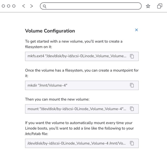 From there, you can finish configuring it by creating a file system and mounting it. Akamai Cloud Manager generates the commands for you to do this (Figure 5).