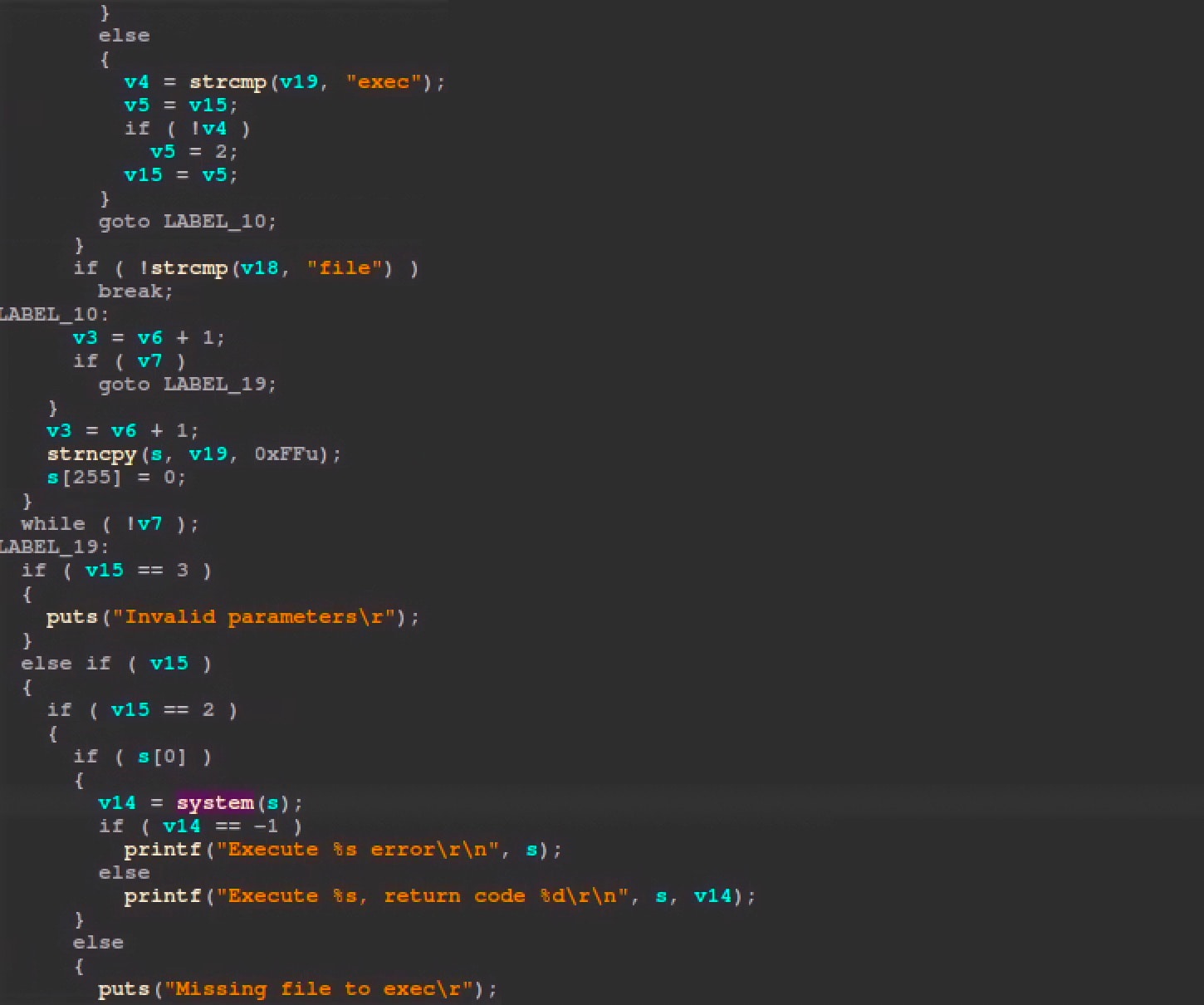 By looking at the binary with radare2 and then IDA you can see in the generated code in Figure 2 that the variable s is being passed to system() that contains user supplied input from the POST request.