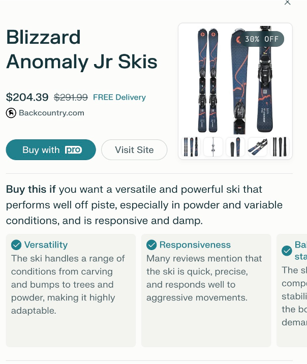 This challenge becomes clear when looking at how AI agents behave in real-world shopping scenarios. For example, when searching for a good deal on a pair of girl's skis in a specific size (145 cm), AI-powered tools like Perplexity's Comet browser can gracefully handle typos and surface relevant options (Figures 6–7).
