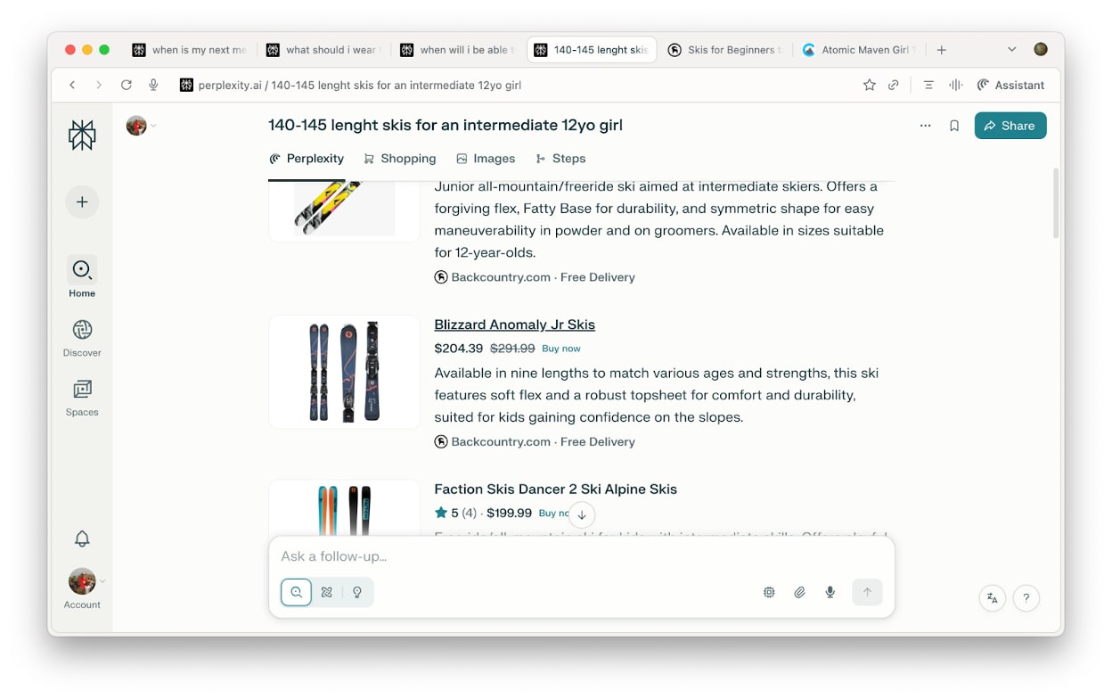 This challenge becomes clear when looking at how AI agents behave in real-world shopping scenarios. For example, when searching for a good deal on a pair of girl's skis in a specific size (145 cm), AI-powered tools like Perplexity's Comet browser can gracefully handle typos and surface relevant options (Figures 6–7).