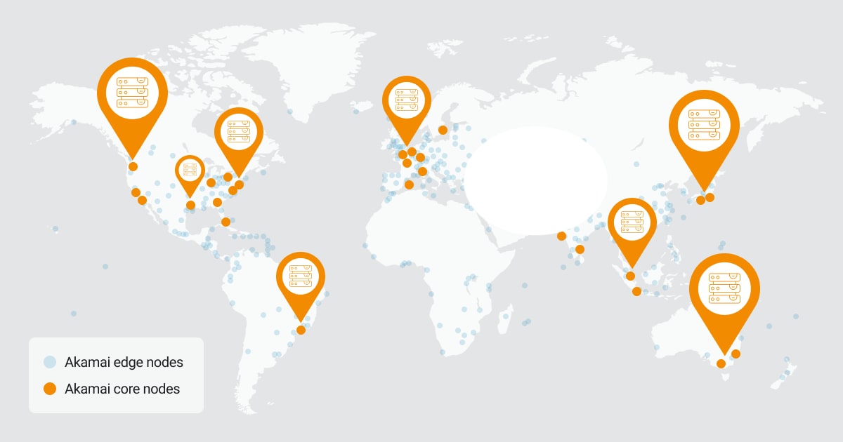 A map of the Akamai global infrastructure core nodes that support object storage