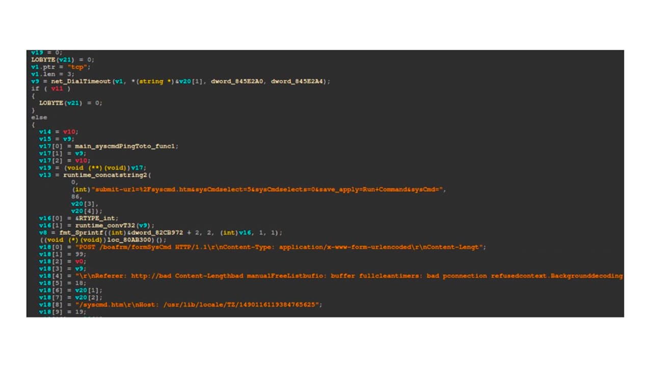 The sample also contains command injection functionality targeting TOTO/TOTOLINK-style router interfaces (Figures 3 and 4). 