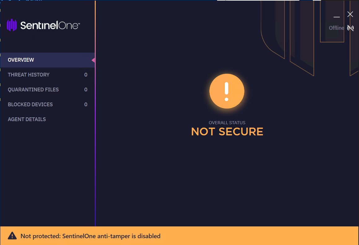 Here we can see SentinelOne’s screen after calling the unprotect command: