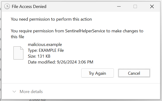 Any process that tries to access our payload will only get PROCESS_QUERY_LIMITED_INFORMATION rights, which are only good for retrieving basic information about the process.