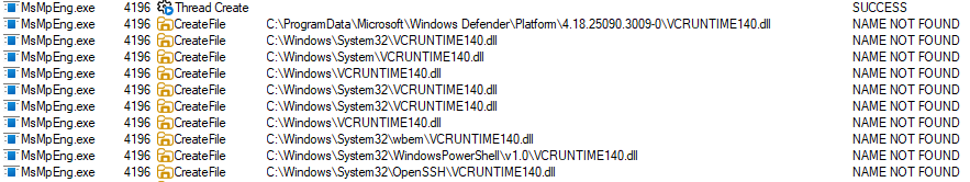 This confirmed that the shellcode actually runs inside Microsoft Defender. The relocation shellcode at the end of the binary writes to the page and makes it PAGE_EXECUTE_READWRITE. Something made it fail at a later stage.