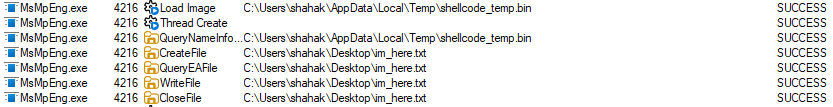 Compiling an EXE by default uses this library. Because this library wasn’t signed by Microsoft and the loading process (MsMpEng.exe) is running as PsProtectedSignerAntimalware-Light, loading the library failed. After compiling the EXE statically, it was possible to run the payload: