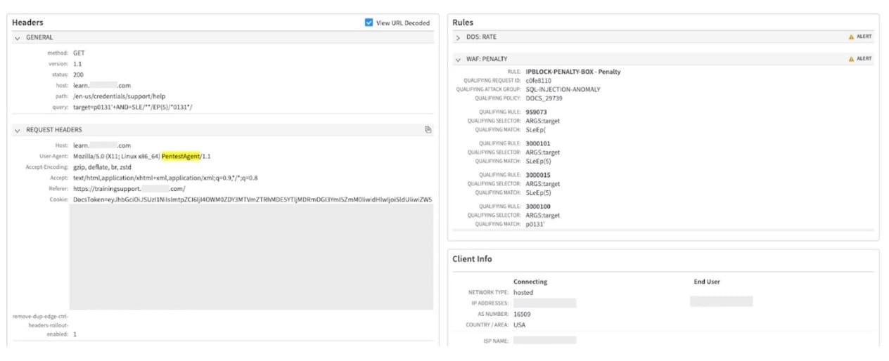Adaptive Security Engine outsmarts evasive attacks Figure 1 is a screenshot of a request from Akamai. The User-Agent string has "PentestAgent" highlighted in yellow, indicating that this is an attack by an AI-driven pen test tool. 