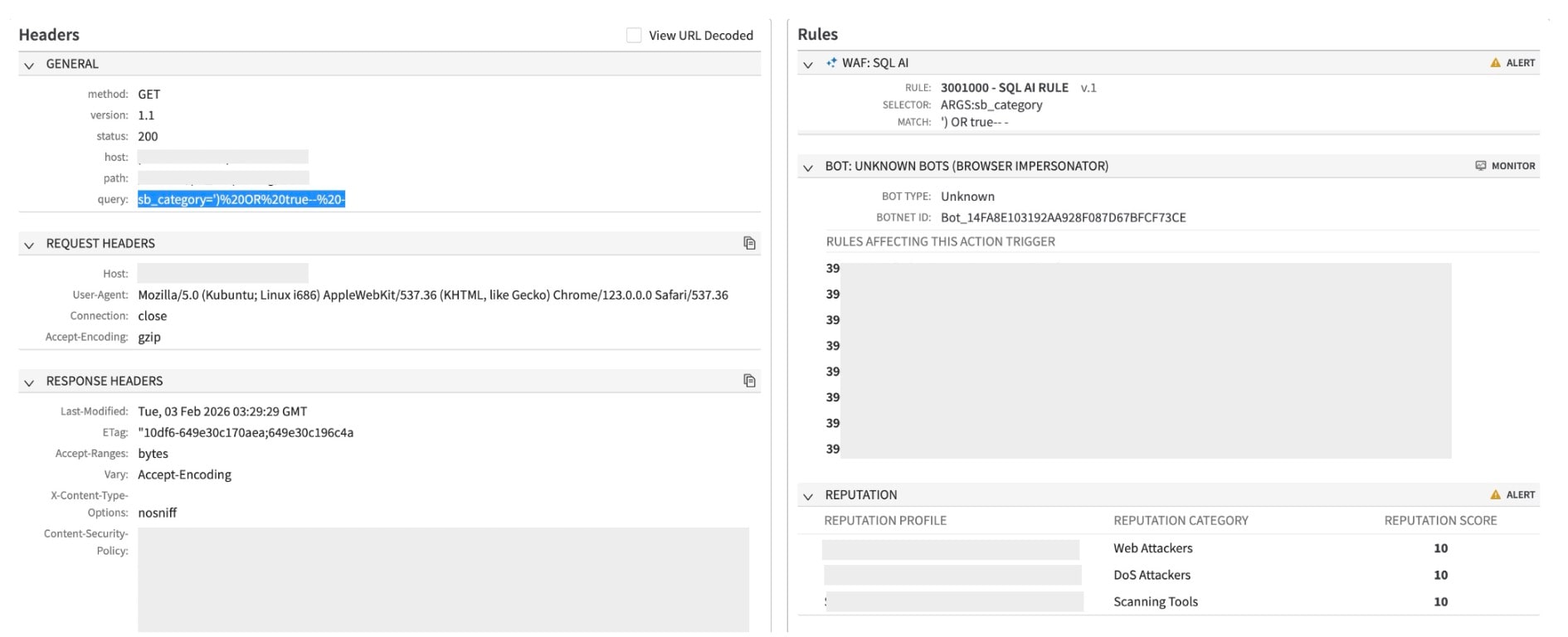 Figure 2 shows how AI-powered detections identified an SQLi attack. This request was identified as suspicious by other security controls because it originated from a bot and had historical evidence of observed suspicious traffic on the platform.
