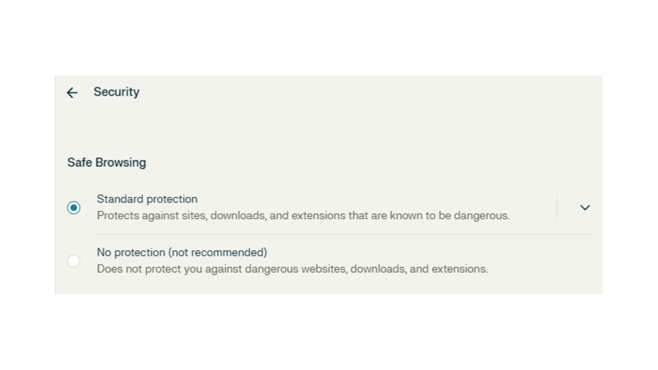 clicking those links led to a Security settings page where “Safe Browsing” Standard protection was already supposedly enabled, with no option for “Enhanced” security.