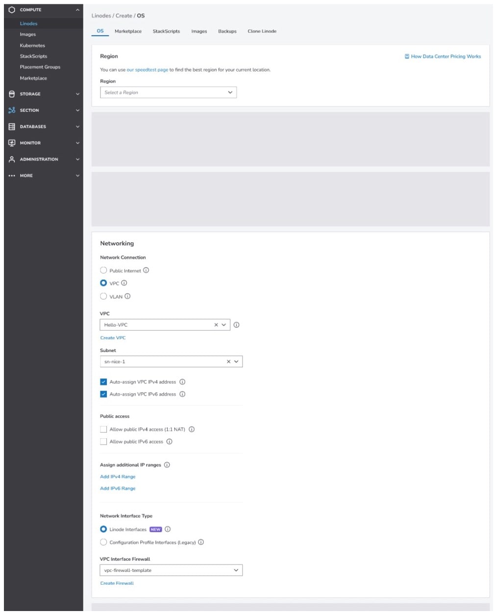 Linode Interfaces is the recommended networking model for new deployments. When creating a compute instance in Cloud Manager or via the API, simply select Linode Interfaces as your network configuration method (Figure 1).