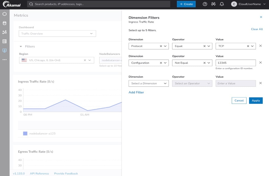 Native dashboards: View your metrics instantly within the Akamai Cloud Pulse user interface by using customizable dashboards, date ranges, and grouping filters (Figure 3).