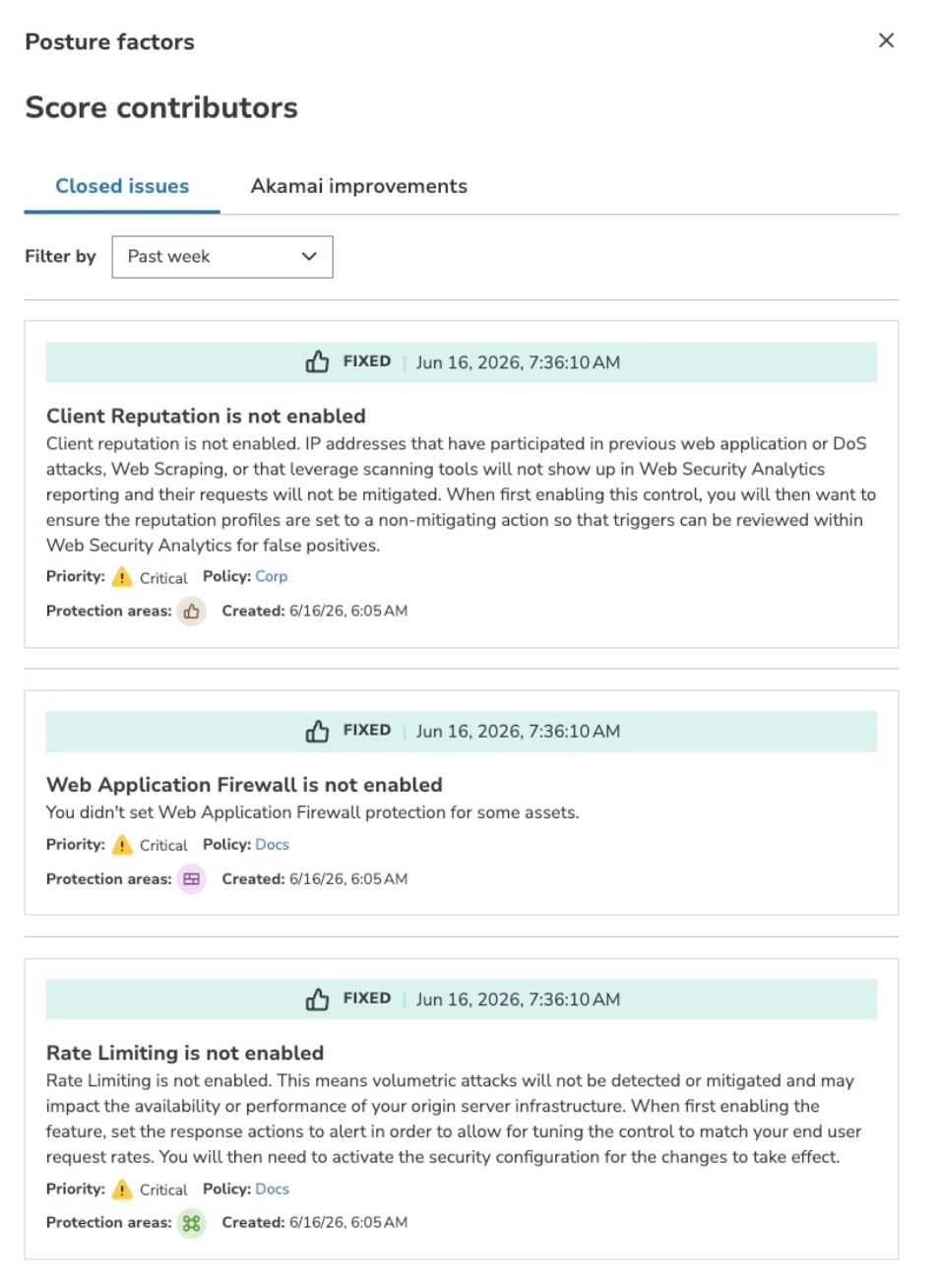 The resolved alerts screen within the closed issues log of Akamai Security Hub, showing a history of completed configuration fixes, mitigation timestamps, and positive impact on the overall posture score.