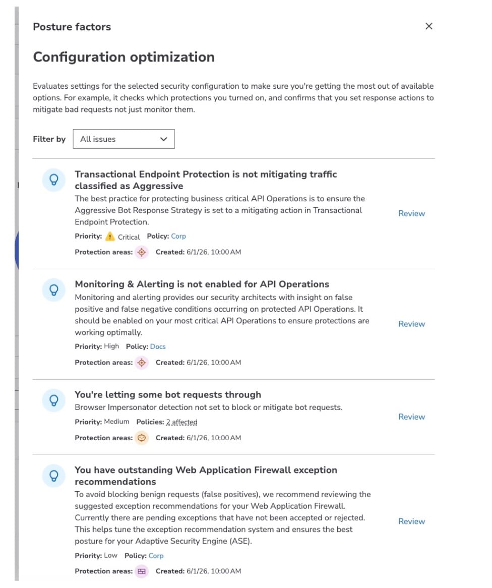 A granular list view of proactive security recommendations in Security Hub, displaying assigned severity ratings, target protection areas, and specific category details for each configuration issue.