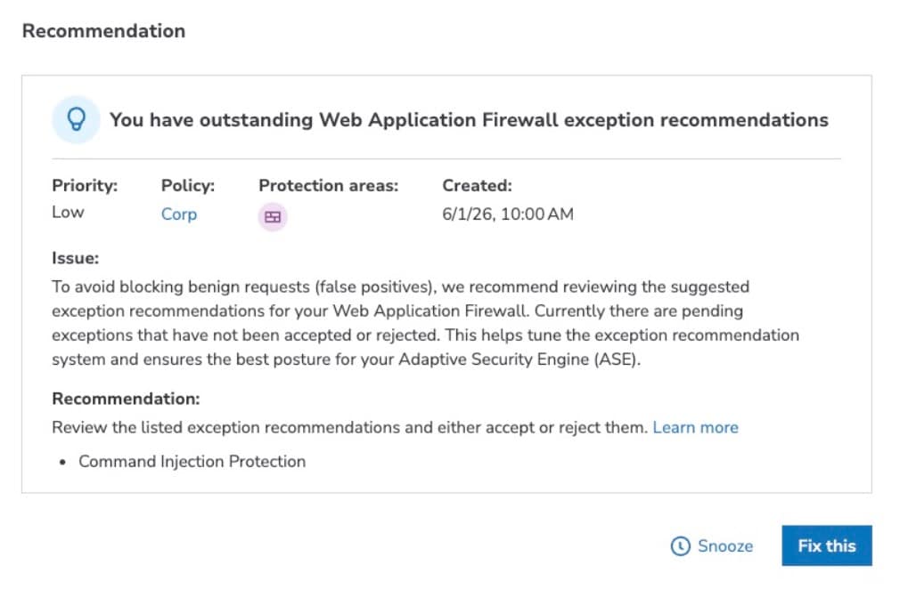 A close-up view of an individual recommendation action card inside the dashboard showing interactive buttons to execute a configuration fix via a quicklink or snooze the recommendation.