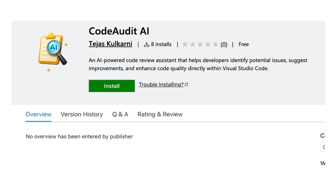 CodeAudit AI is published as an AI-powered code review extension for VS Code (Figure 1).