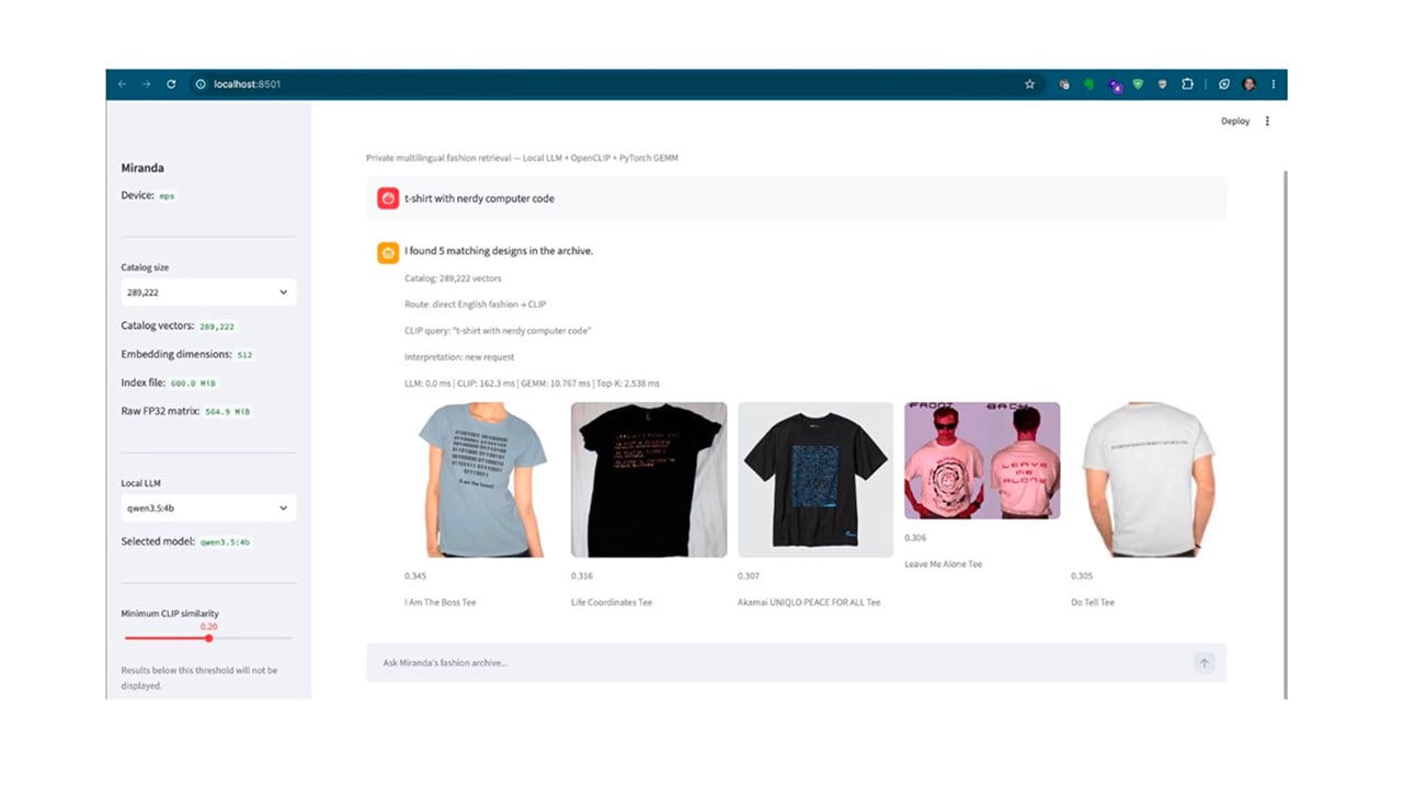 The Akamai × UNIQLO shirt appeared as the third result with a similarity score of 0.307 (Figure 4).