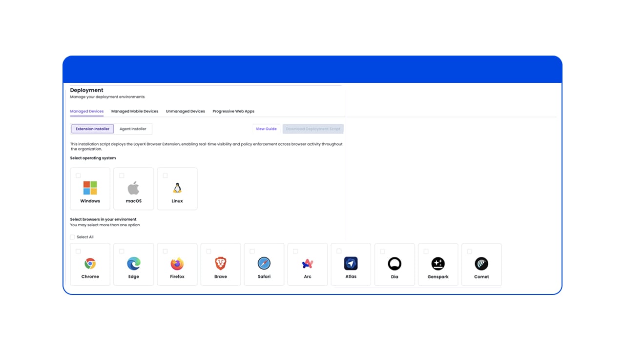 Browser extension deployment screen showing operating system and browser compatibility options