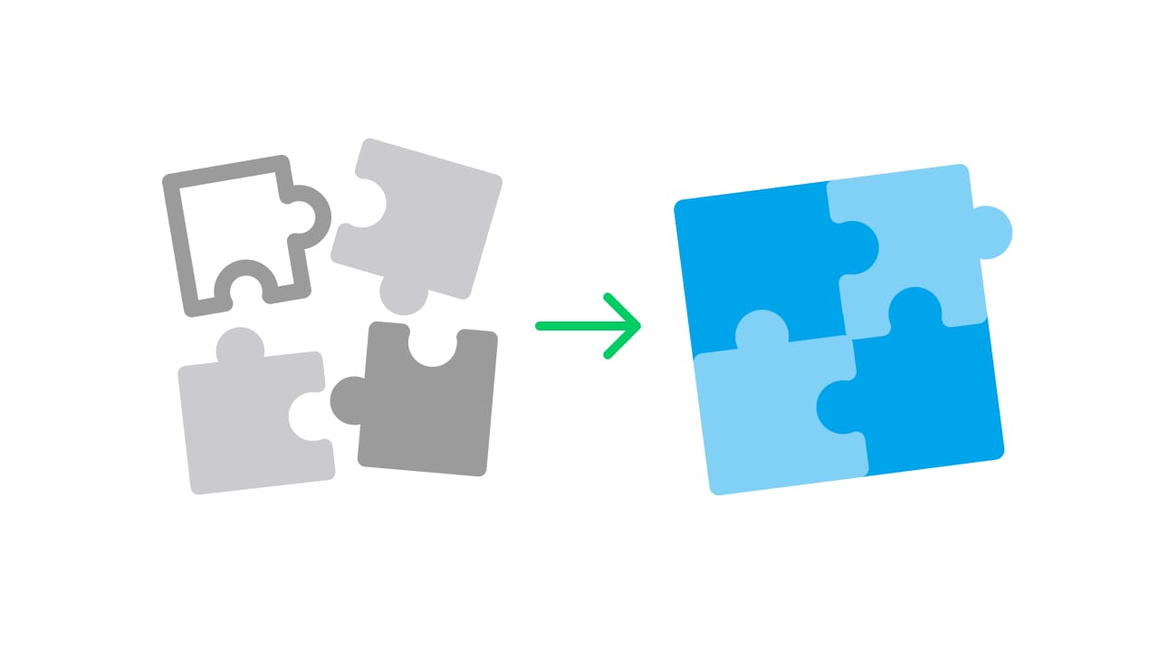 Scattered puzzle pieces combining into a connected square, symbolizing solution integration