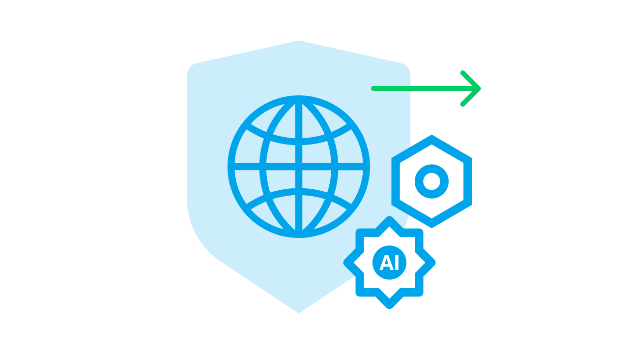 Shield icon with globe, AI, and gear symbols, representing secure global AI threat intelligence