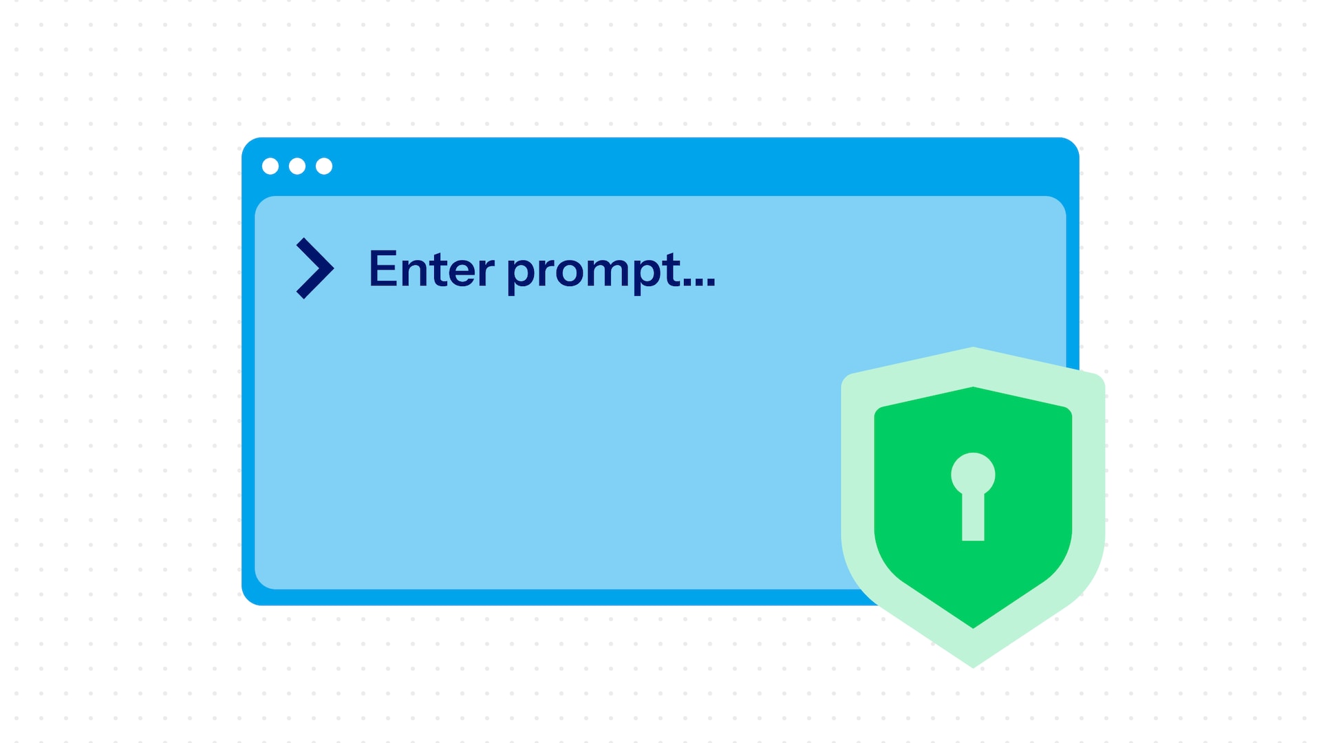 Blue prompt window with "Enter prompt..." next to a green shield icon with a keyhole.
