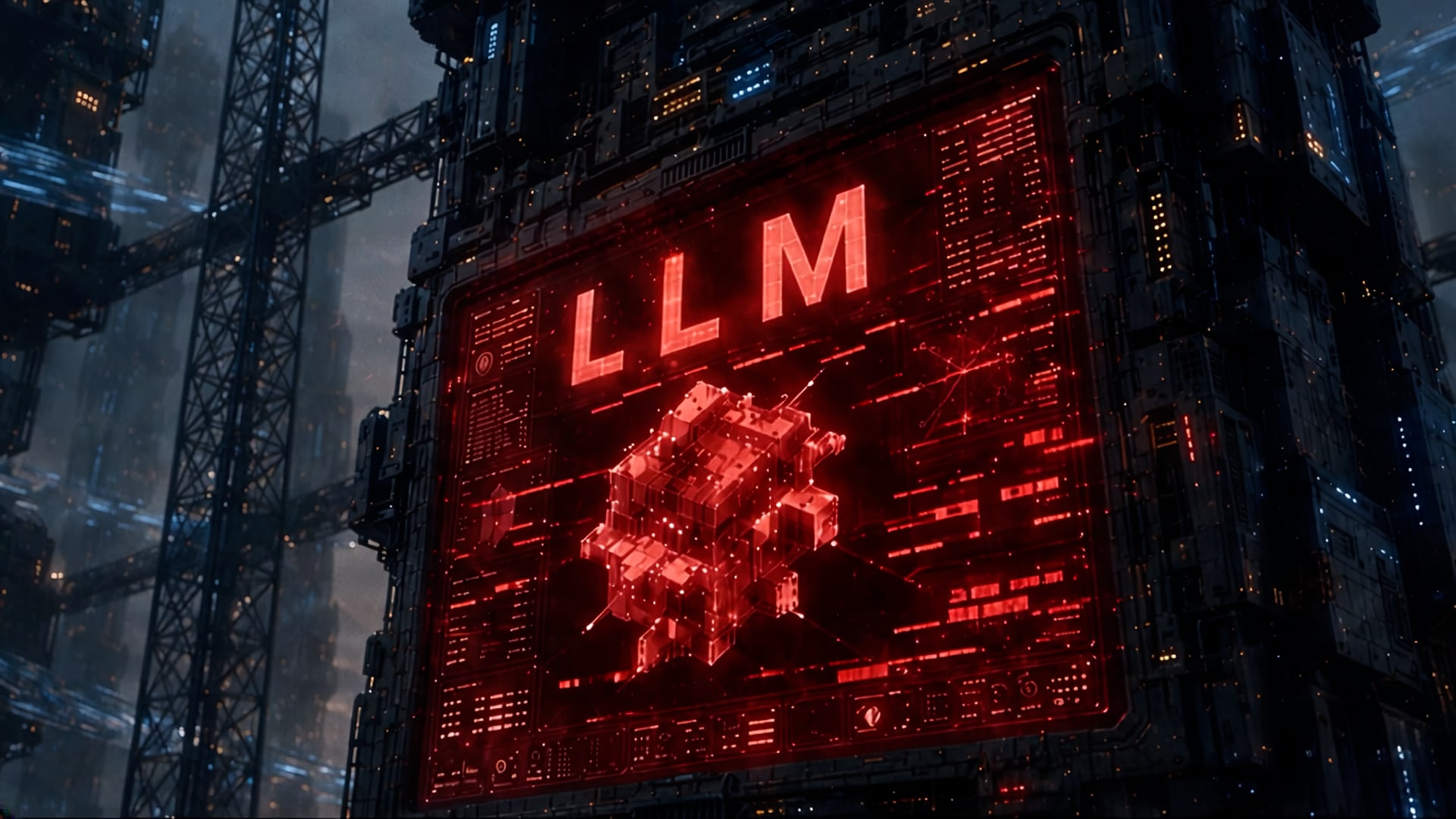 AI rendering of mechanical spider robot, the Enterprise LLM character, carrying a glowing red cube near a circular vault.
