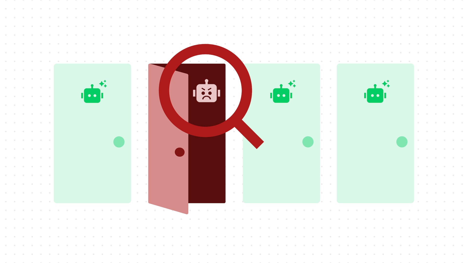 Illustration of a magnifying glass detecting a red malicious bot behind a door among green friendly bots.