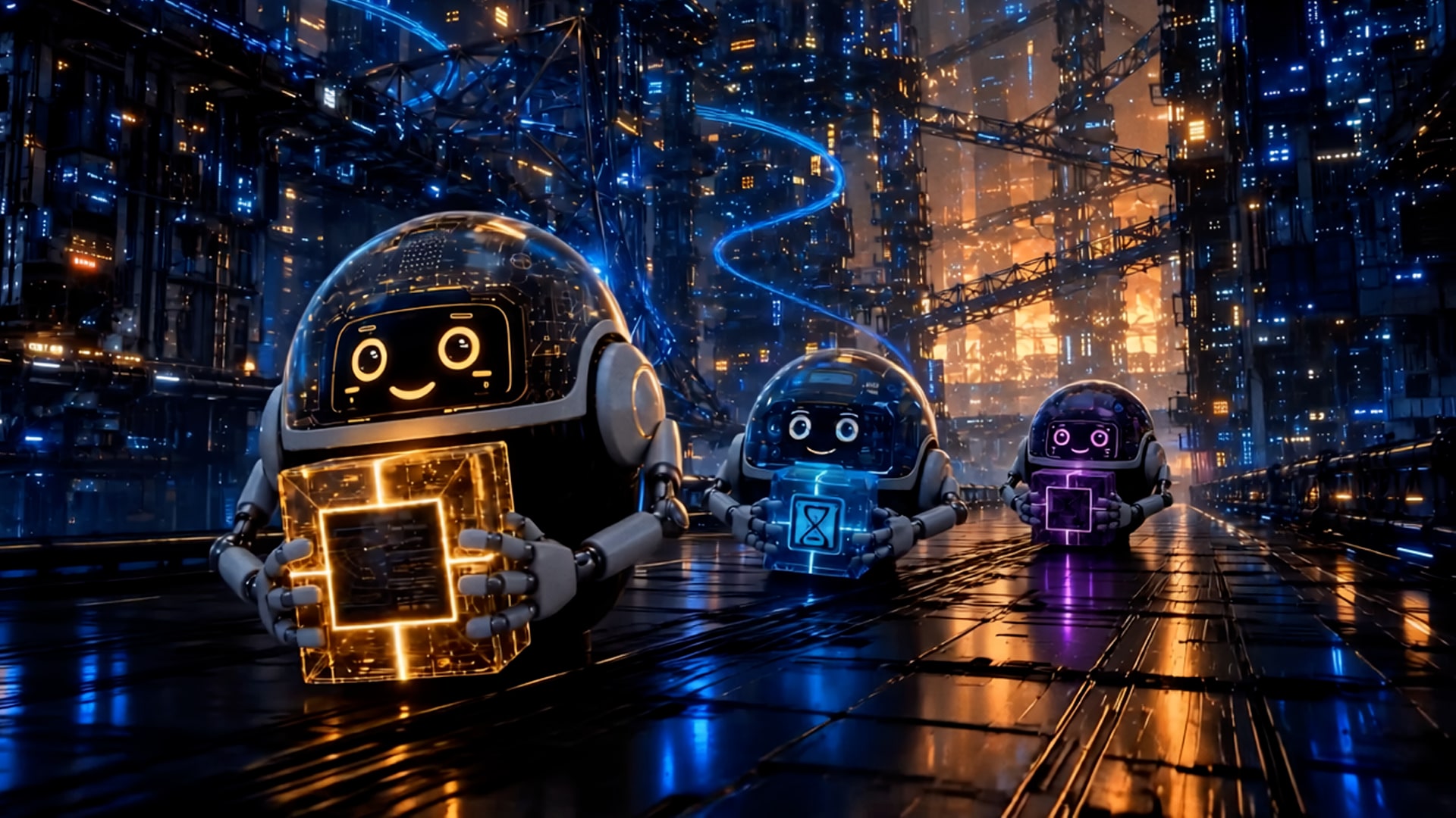 AI rendering of small helper robots carrying glowing payload cubes, representing API characters in a tech city.
