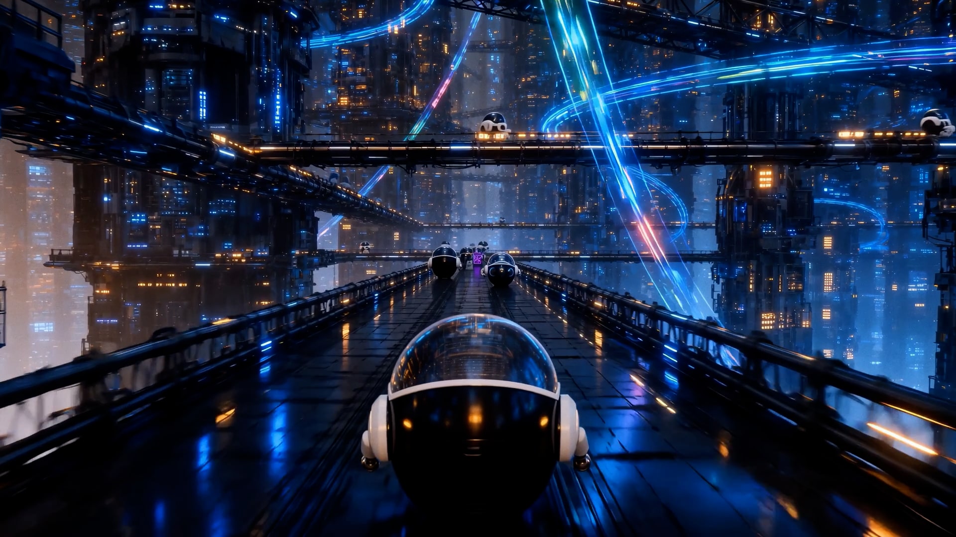 AI-generated art of glowing futuristic skyscrapers interconnected by bridges, representing the Core location on a map.