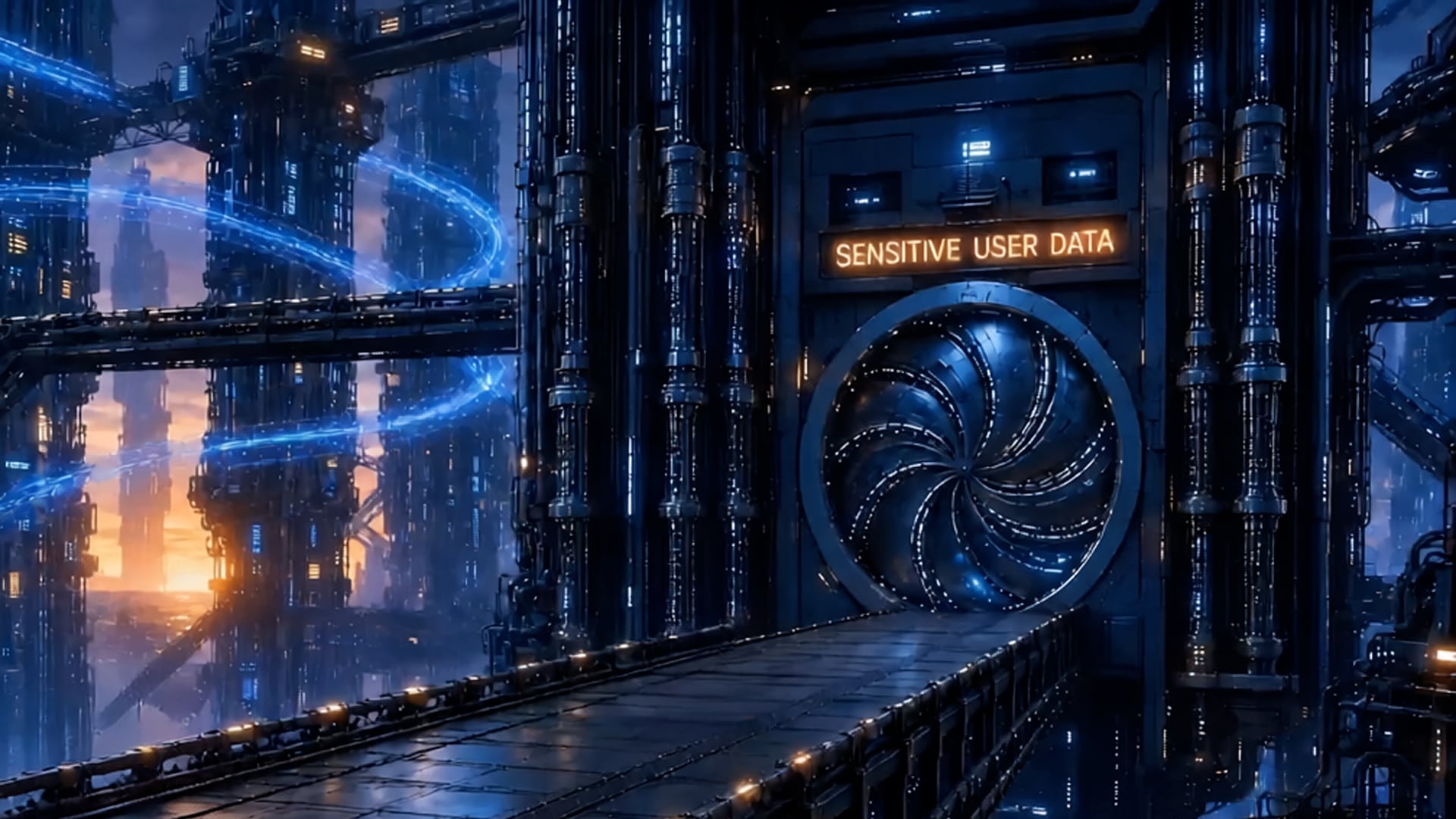 AI-generated artwork of a futuristic vault labeled Sensitive User Data, representing the Crypt location on a map.