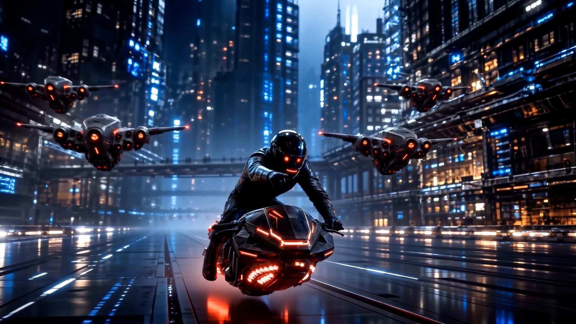 AI-generated art of the Leech riding a futuristic hoverbike surrounded by glowing drones in a sci-fi city.