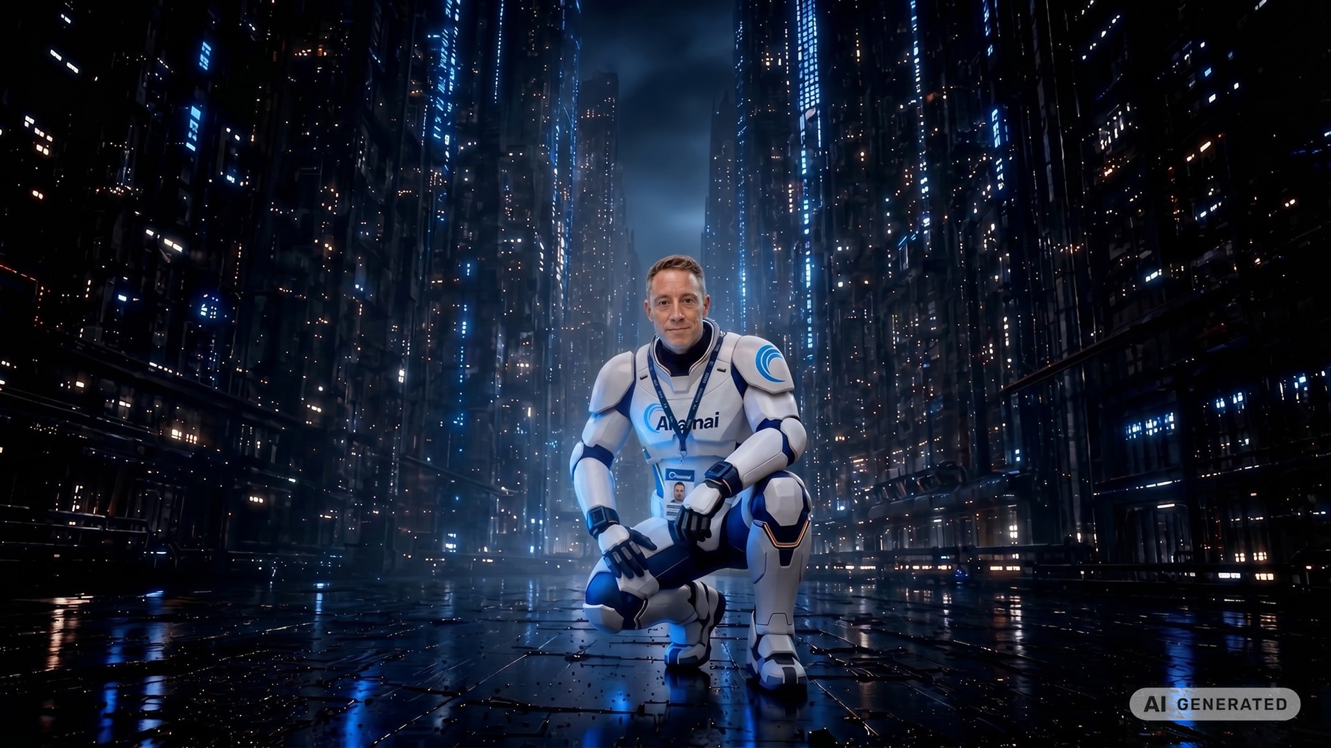 AI-generated visual of the Sentinel, a man in futuristic Akamai-branded armor wearing an ID badge.