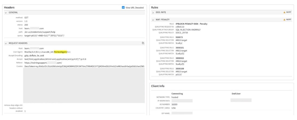 Adaptive Security Engine が回避型攻撃を打破 図1は Akamai からのリクエストのスクリーンショットです。User-Agent 文字列内の "PentestAgent" が黄色でハイライトされており、これが AI 駆動型ペンテストツールによる攻撃であることを示しています。
