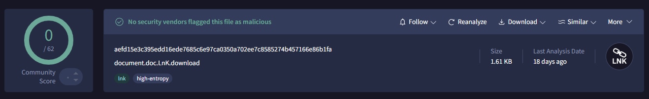 APT28의 악용에 대한 VirusTotal 스크린샷
